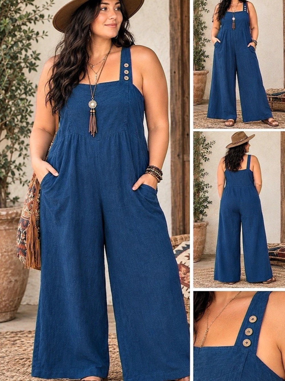 Blue Cotton Wide-Leg Jumpsuit Size XL